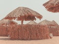 Sun umbrellas on the Egyptian hotel beach. Thatched sunshades and sunbeds for tourists, on a yellow sand beach. Royalty Free Stock Photo