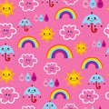 Sun umbrellas raindrops clouds rainbows characters weather seamless pattern Royalty Free Stock Photo