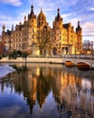 Sun under the castle bridge. The Schwerin Castle on Mecklenburg-Vorpommern Germany