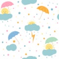 Sun under an umbrella during a thunderstorm,  seamless background, vector illustration, cartoon pattern Royalty Free Stock Photo