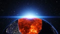 Earth burning or exploding after a global disaster, Apocalypse asteroid impact globe. Royalty Free Stock Photo
