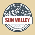 Sun Valley abstract emblem, Idaho stamp with snow covered mountains peaks