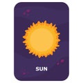 Sun. Vector Space flash card. English language game with cute astronaut, rocket, planet, comet, alien for kids