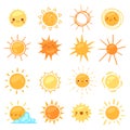 Sun vector sunny icon with yellow sunlight and sunshine emoticon illustration set of bright sunburst weather sign sunset