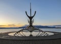 Sun Voyager iconic symbol of Reykjavik at sunset: Sculpture of viking ship on harbor, Reykjavik, Iceland