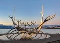 Sun Voyager iconic symbol of Reykjavik at sunset: Sculpture of viking ship on harbor, Reykjavik, Iceland Royalty Free Stock Photo