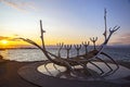 Sun Voyager monument in Reykjavik against the backdrop of sunset . Iceland. Travel and tourism. Architecture and famous cities of