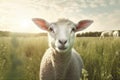 sun wool green sheep meadow grass lamb farm field animal. Generative AI.