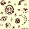 The sun with wrinkled face of a wise old man, young moon, planets, comet and stars of different shapes with mysterious faces Royalty Free Stock Photo