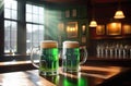 The sun's rays flood two mugs of green ale on a wooden table. Pub interior. Saint Patrick's Day concept, March Royalty Free Stock Photo