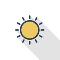 Sun yellow thin line flat color icon. Linear vector symbol. Colorful long shadow design.