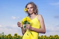 Sun young girl in the field with sunflowers Royalty Free Stock Photo