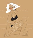 Sunbath girl vector illustration in outline style. The lady with tattoo is sitting on the beach is sunbathing