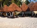 Sunbath places under umbrella and palm trees on tropical sandy beach in Cancun city in Mexico on March Royalty Free Stock Photo