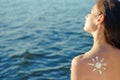 Portrait woman on sea background.