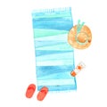 Sunbathe carpet, sun screen lotion, straw hat and sandals watercolor.