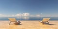 Sunbathing bench on wooden eaves jutting out to sea