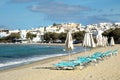 Sunbathing chairs on a beach in Greece