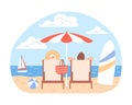 Sunbathing couple man, woman with beach umbrella, deck chairs relax at ocean seaside landscape. Summer family holidays. Royalty Free Stock Photo