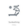 Sunbathing icon. Thin linear sunbathing outline icon isolated on white background from holidays collection. Line vector sunbathing