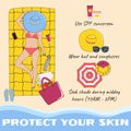 Sunbathing infographic. Skin protection and sun safety infographics