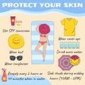 Sunbathing infographic. Skin protection and sun safety infographics