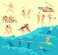 Sunbathing, playing and swimming people in summer beach vector illustration