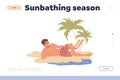 Sunbathing season landing page cartoon template with happy relaxing man wearing swimwear on beach