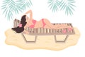 Sunbathing woman in a lounge chair, dressed in swimsuit. Cartoon travel vector, flat illustration. Vacation on the beach Royalty Free Stock Photo