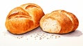 Sunbeam is an American wheat bread that is very airy. Bread with sesame seeds on a white background. Digital watercolor painting.