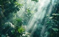 Sunbeam jungle at midday with rays of sunlight piercing through dense foliage creating a vivid dynamic interplay of light and