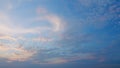 Sunbeam shining through sunset sky in summer sunshine evening. Beautiful sky with cirrocumulus clouds background