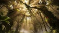 Sunbeams filtering through a dense, ancient rainforest canopy with hanging vines and lush foliage Royalty Free Stock Photo