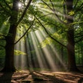 Sunbeams filter through the dense canopy of a deciduous forest, highlighting the lush green leaves Royalty Free Stock Photo