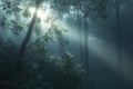 Sunbeams filter through leafy treetops in a dense forest Royalty Free Stock Photo