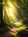 Sunbeams filtering through the trees in a forest with a path Royalty Free Stock Photo