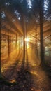 Sunbeams Filtering Through Trees in Forest Royalty Free Stock Photo