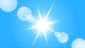 Sunbeams And Flares Over Blue Sky Background - Bright Vector Illustration