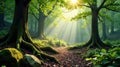 Sunbeams illuminate ancient forest path, moss covered roots and lush undergrowth. Generative AI Royalty Free Stock Photo