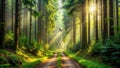 Sunbeams illuminate a forest path with a bird in flight. Generative AI Royalty Free Stock Photo