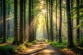 Sunbeams illuminate a mystical forest path, creating an enchanting and serene atmosphere. Generative AI Royalty Free Stock Photo