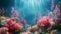 Sunbeams illuminate the soft pink coral forest AI Generated