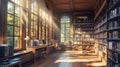Sunbeams Illuminating a Library with Bookshelves and a Study Desk Royalty Free Stock Photo