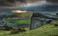 Sunbeams over Big Moor in Peak District National Park in Autumn