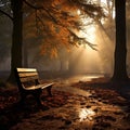 Sunbeams pierce through fog in autumn forest, a serene scene