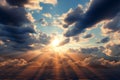 Sunbeams shine through cumulus clouds, a stunning natural phenomenon scene