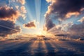 Sunbeams shine through cumulus clouds, a stunning natural phenomenon scene