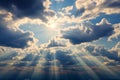 Sunbeams shine through cumulus clouds, a stunning natural phenomenon scene