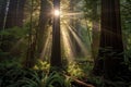 sunbeams shining through redwood trees in a dense forest Royalty Free Stock Photo