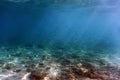 Sunbeams underwater rocks and pebbles on the seabed shoal of small fish Royalty Free Stock Photo